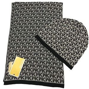 NEW Michael Michael Kors Black Grey Monogram Print Scarf and Hat Set Siz…